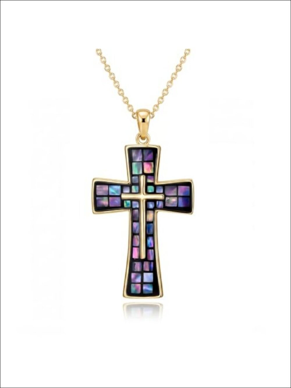 14K Gold Plated Cross Pendant Necklace Abalone Inlay Lobster Clasp